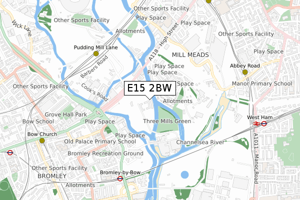 E15 2BW map - small scale - OS Open Zoomstack (Ordnance Survey)