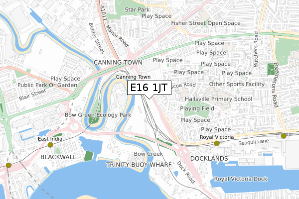 E16 1JT map - small scale - OS Open Zoomstack (Ordnance Survey)