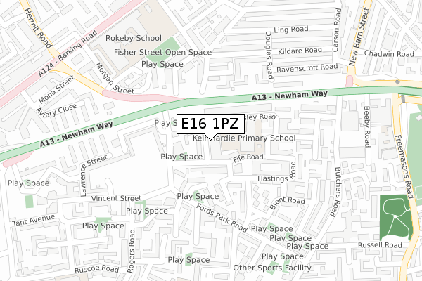 E16 1PZ map - large scale - OS Open Zoomstack (Ordnance Survey)