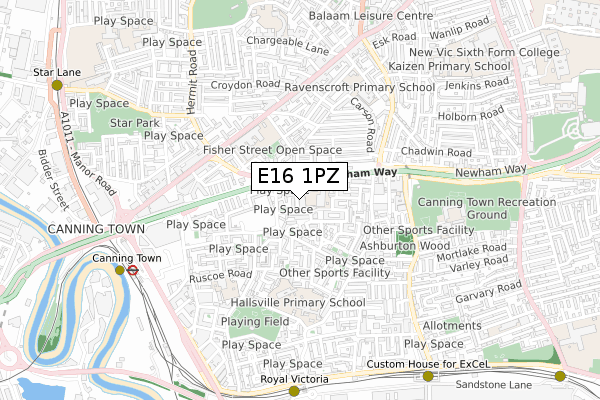 E16 1PZ map - small scale - OS Open Zoomstack (Ordnance Survey)