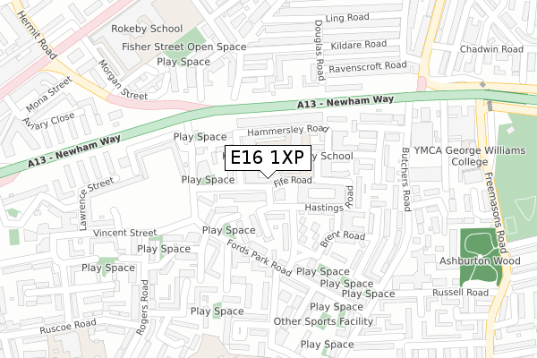 E16 1XP map - large scale - OS Open Zoomstack (Ordnance Survey)