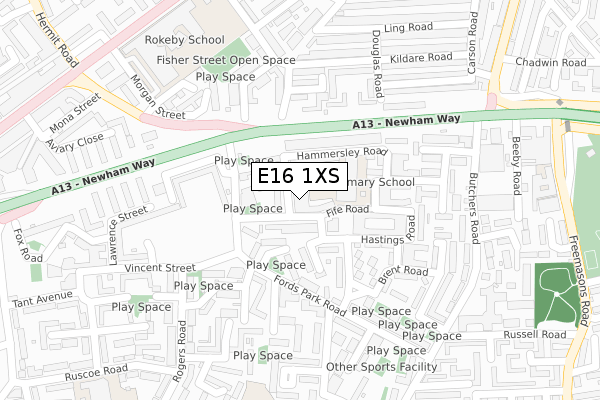 E16 1XS map - large scale - OS Open Zoomstack (Ordnance Survey)