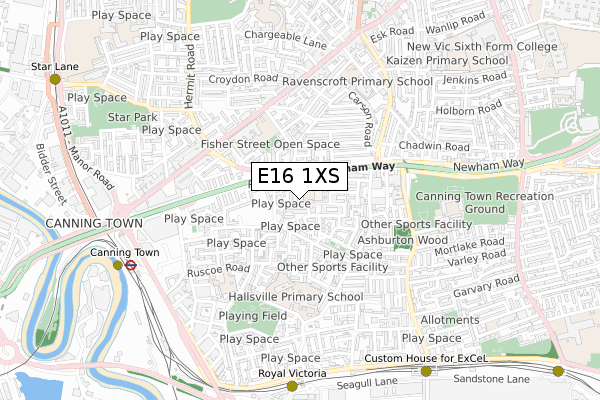 E16 1XS map - small scale - OS Open Zoomstack (Ordnance Survey)