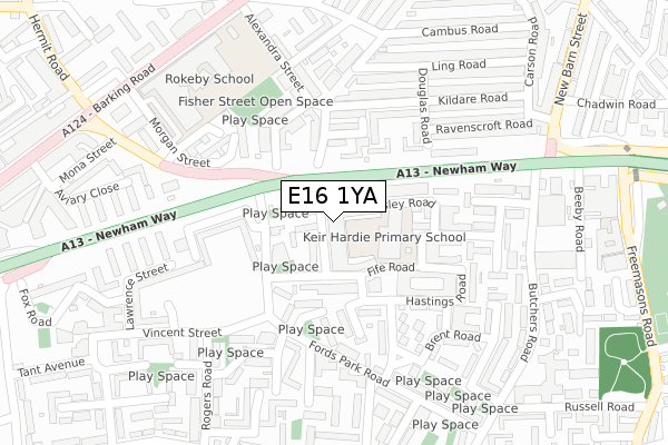 E16 1YA map - large scale - OS Open Zoomstack (Ordnance Survey)