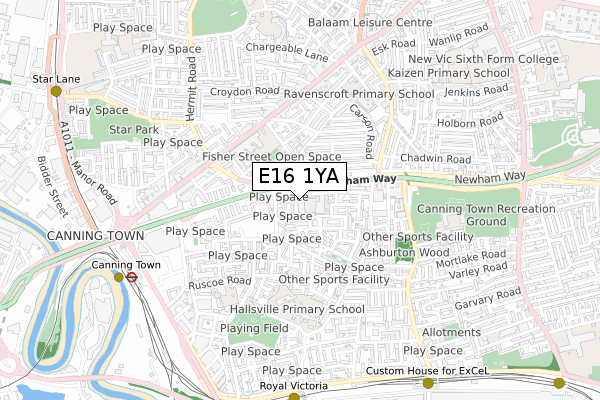 E16 1YA map - small scale - OS Open Zoomstack (Ordnance Survey)