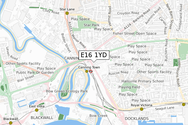 E16 1YD map - small scale - OS Open Zoomstack (Ordnance Survey)