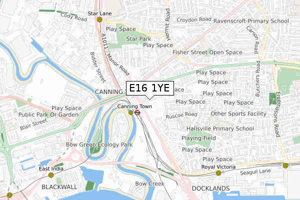 E16 1YE map - small scale - OS Open Zoomstack (Ordnance Survey)