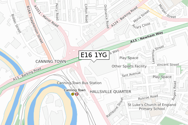 E16 1YG map - large scale - OS Open Zoomstack (Ordnance Survey)