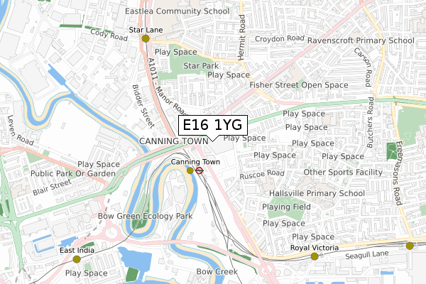 E16 1YG map - small scale - OS Open Zoomstack (Ordnance Survey)