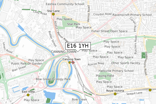 E16 1YH map - small scale - OS Open Zoomstack (Ordnance Survey)