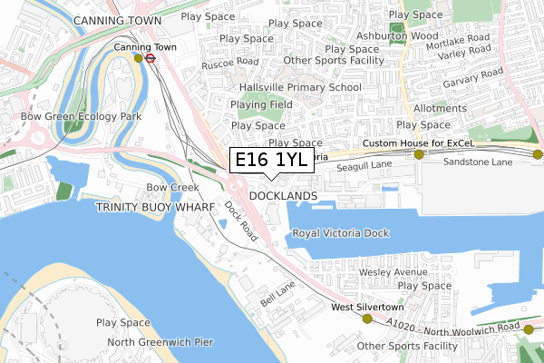 E16 1YL map - small scale - OS Open Zoomstack (Ordnance Survey)