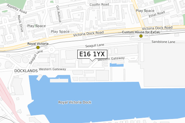 E16 1YX map - large scale - OS Open Zoomstack (Ordnance Survey)