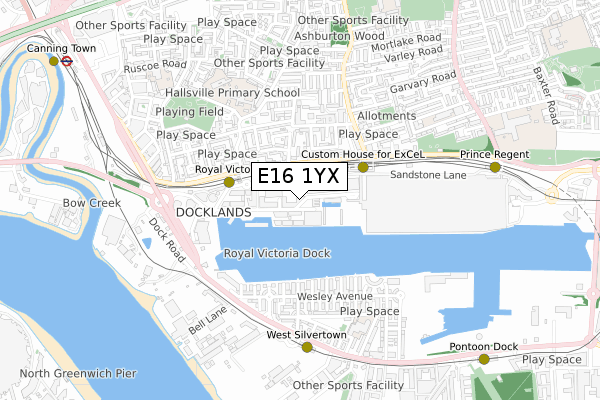 E16 1YX map - small scale - OS Open Zoomstack (Ordnance Survey)