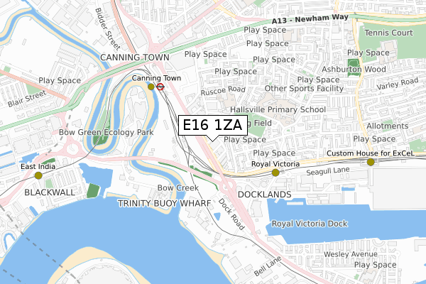 E16 1ZA map - small scale - OS Open Zoomstack (Ordnance Survey)