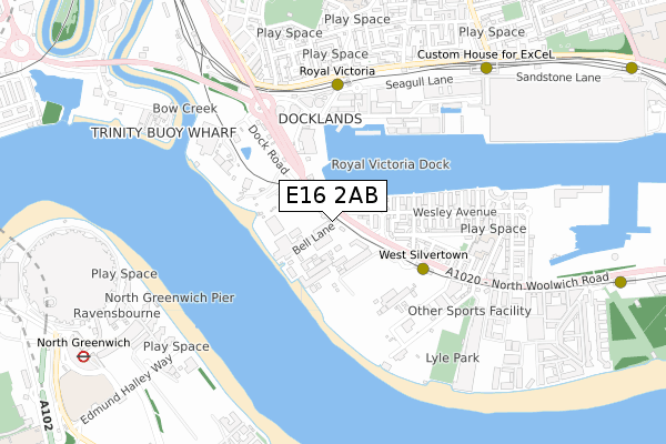 E16 2AB map - small scale - OS Open Zoomstack (Ordnance Survey)