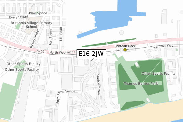 E16 2JW map - large scale - OS Open Zoomstack (Ordnance Survey)