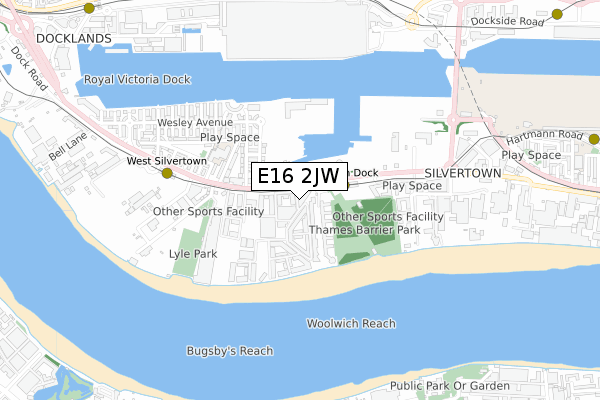 E16 2JW map - small scale - OS Open Zoomstack (Ordnance Survey)