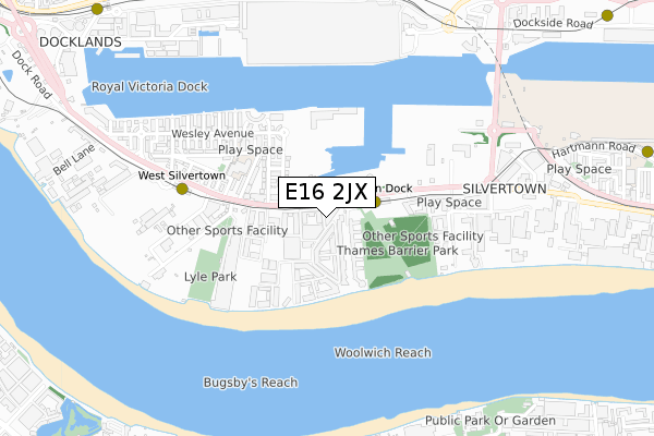 E16 2JX map - small scale - OS Open Zoomstack (Ordnance Survey)