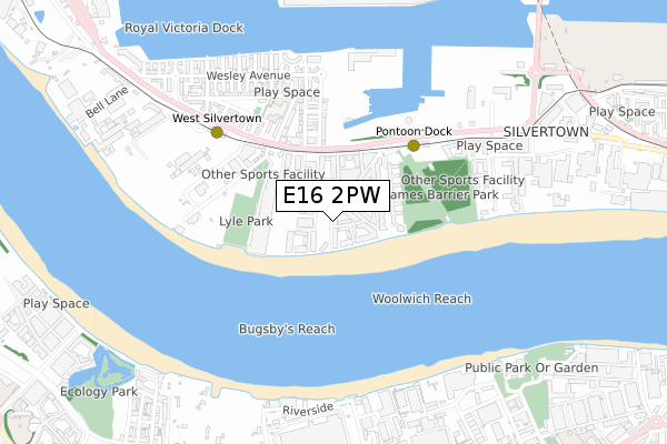 E16 2PW map - small scale - OS Open Zoomstack (Ordnance Survey)