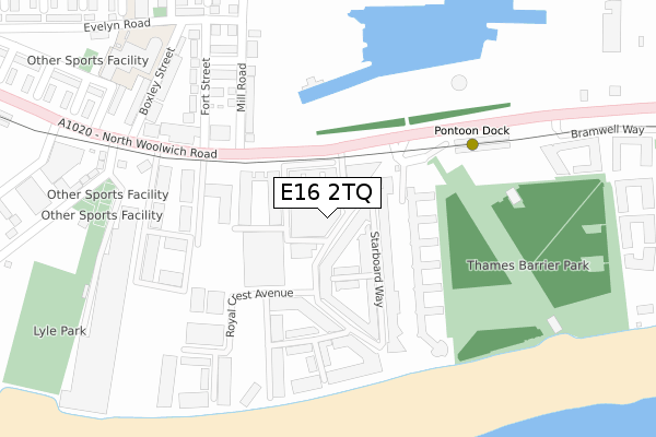 E16 2TQ map - large scale - OS Open Zoomstack (Ordnance Survey)