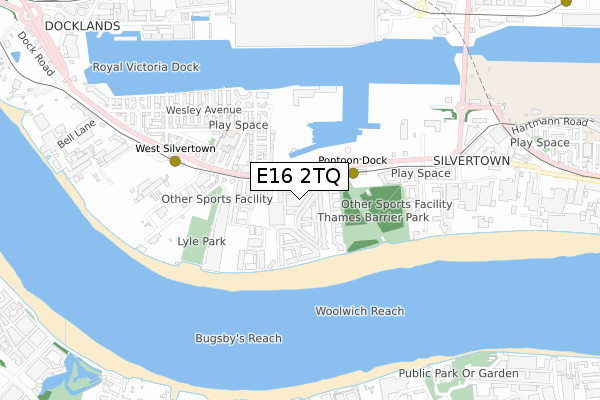 E16 2TQ map - small scale - OS Open Zoomstack (Ordnance Survey)