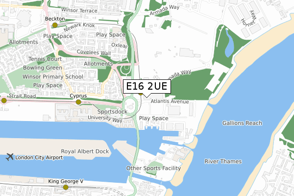 E16 2UE map - small scale - OS Open Zoomstack (Ordnance Survey)