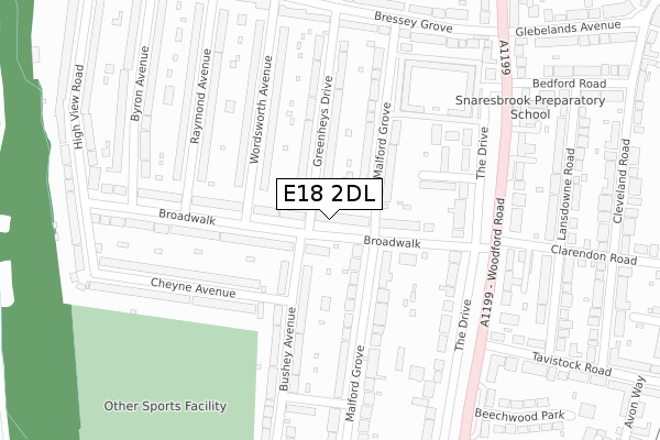 E18 2DL map - large scale - OS Open Zoomstack (Ordnance Survey)