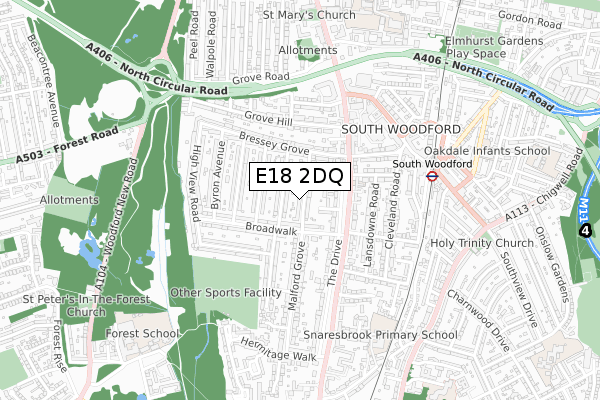 E18 2DQ map - small scale - OS Open Zoomstack (Ordnance Survey)