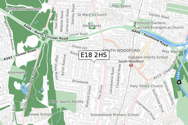 E18 2HS map - small scale - OS Open Zoomstack (Ordnance Survey)