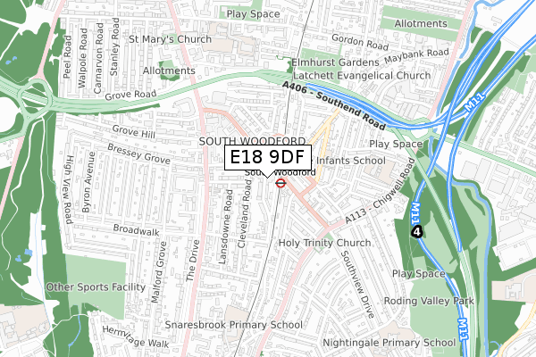 E18 9DF map - small scale - OS Open Zoomstack (Ordnance Survey)