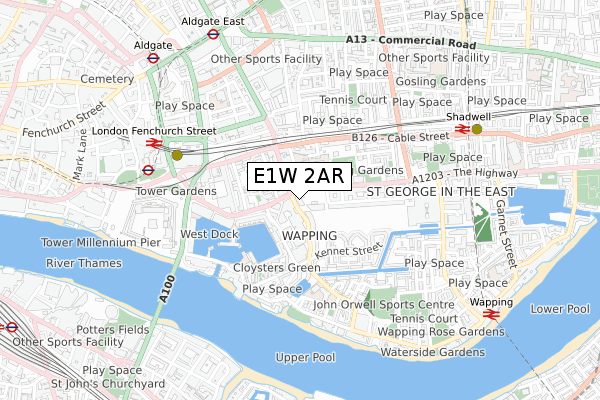 E1W 2AR map - small scale - OS Open Zoomstack (Ordnance Survey)