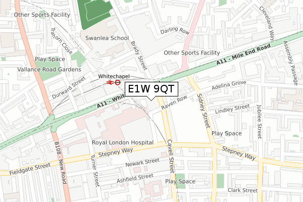 E1W 9QT map - large scale - OS Open Zoomstack (Ordnance Survey)