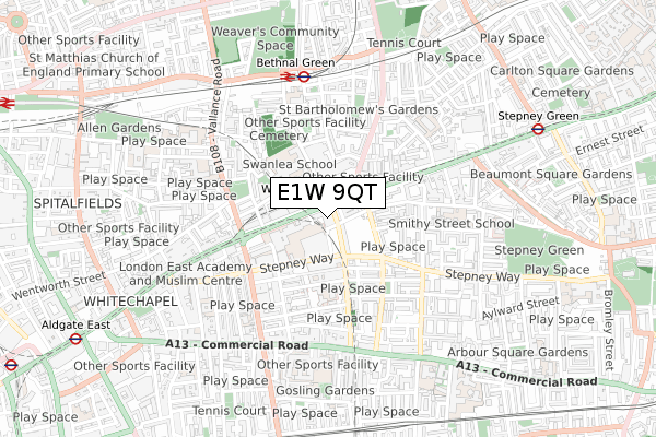 E1W 9QT map - small scale - OS Open Zoomstack (Ordnance Survey)