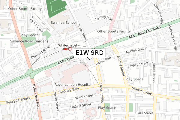 E1W 9RD map - large scale - OS Open Zoomstack (Ordnance Survey)