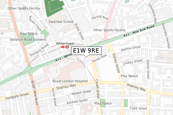 E1W 9RE map - large scale - OS Open Zoomstack (Ordnance Survey)