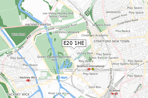 E20 1HE map - small scale - OS Open Zoomstack (Ordnance Survey)