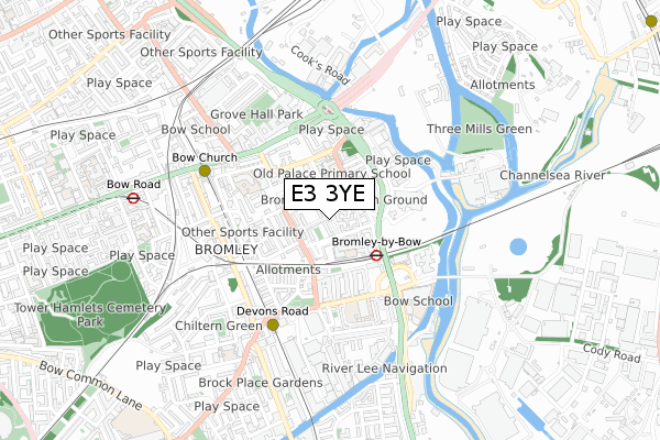 E3 3YE map - small scale - OS Open Zoomstack (Ordnance Survey)