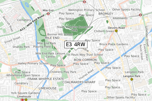 E3 4RW map - small scale - OS Open Zoomstack (Ordnance Survey)