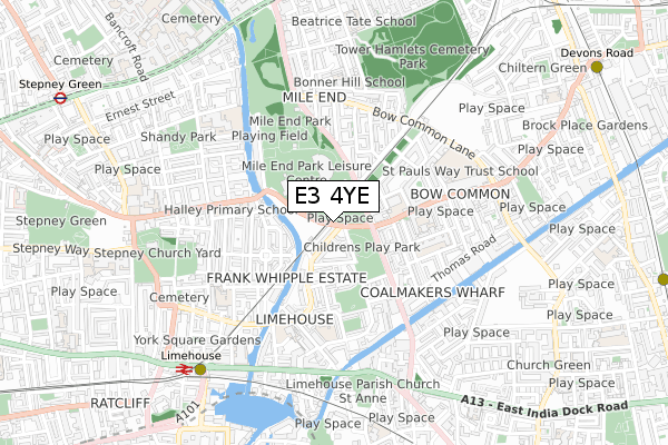 E3 4YE map - small scale - OS Open Zoomstack (Ordnance Survey)