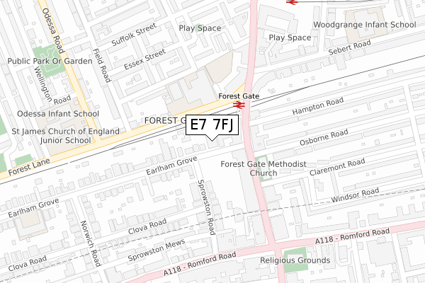 E7 7FJ map - large scale - OS Open Zoomstack (Ordnance Survey)