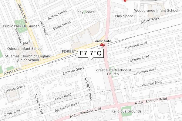 E7 7FQ map - large scale - OS Open Zoomstack (Ordnance Survey)