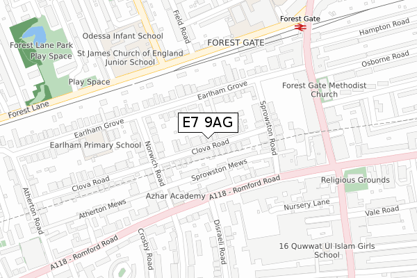 E7 9AG map - large scale - OS Open Zoomstack (Ordnance Survey)