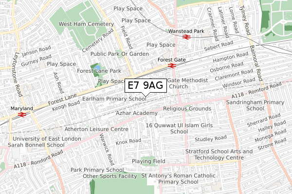 E7 9AG map - small scale - OS Open Zoomstack (Ordnance Survey)