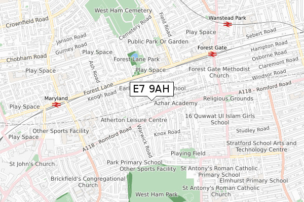 E7 9AH map - small scale - OS Open Zoomstack (Ordnance Survey)