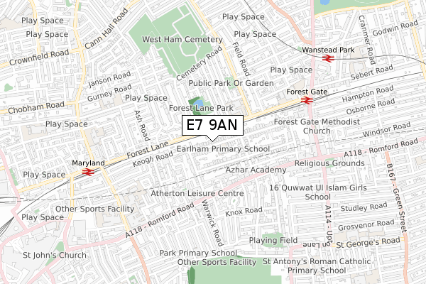 E7 9AN map - small scale - OS Open Zoomstack (Ordnance Survey)