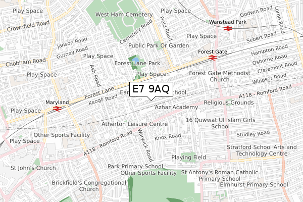 E7 9AQ map - small scale - OS Open Zoomstack (Ordnance Survey)