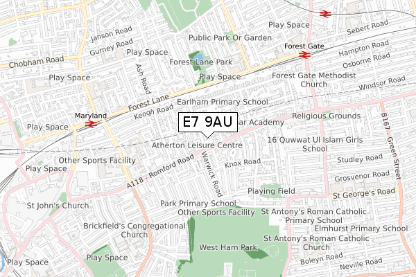 E7 9AU map - small scale - OS Open Zoomstack (Ordnance Survey)