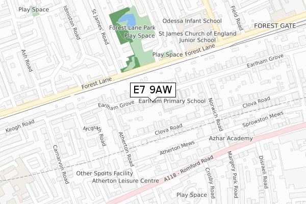 E7 9AW map - large scale - OS Open Zoomstack (Ordnance Survey)