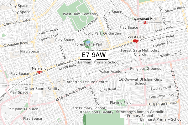 E7 9AW map - small scale - OS Open Zoomstack (Ordnance Survey)