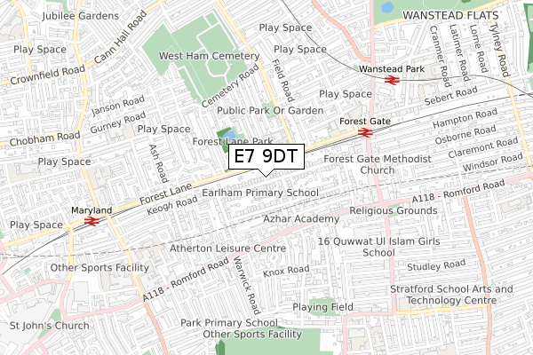 E7 9DT map - small scale - OS Open Zoomstack (Ordnance Survey)